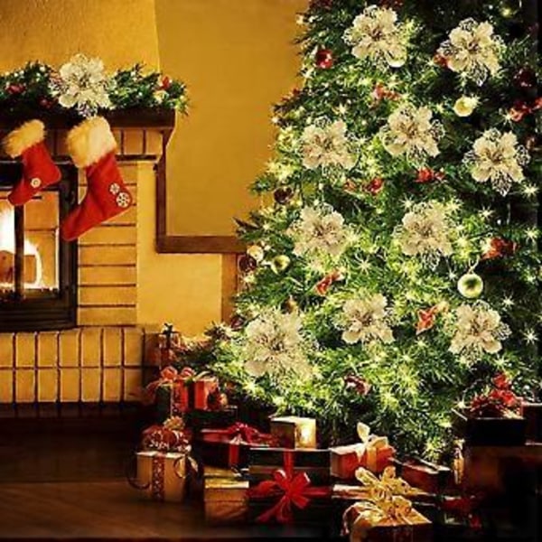 16 stk. Glitter Blomst Juletrepynt Blomster Trepynt Juledekor Gull