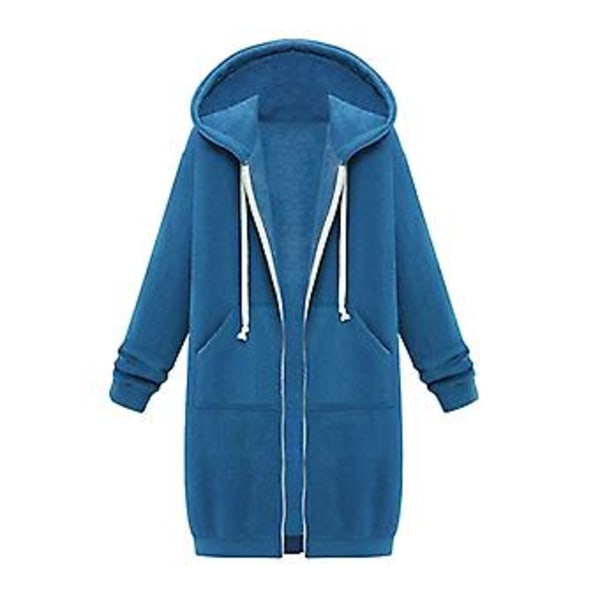 Fianao Plus Size Ensfarvet Casual Tyk Hættetrøje Kvinder Lynlås Lang Trøjejakke (M Blå)