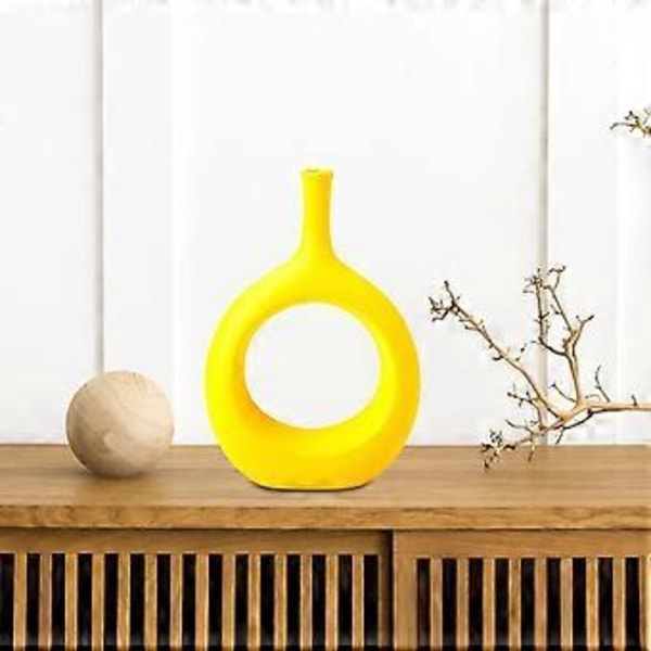 Minimalistinen keraaminen maljakko, Donitsimaljakko pyöreä maljakko kodin pöytätasolle pöytäkoristeeksi (keltainen)