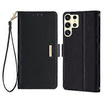 Kompatibel Læder Wallet Case med RFID-stativ og håndrem (sort) til Samsung Galaxy S23 Ultra