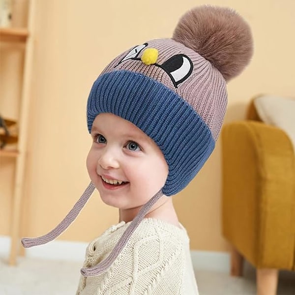 Baby Stickad Mössa för Höst och Vinter - Söt Mössa med Öronlapp och Dra