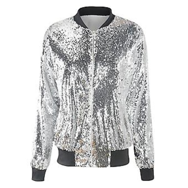 Kvinners Sequin Lang Ermet Front Glidelås Jakke (2XL Sølv)