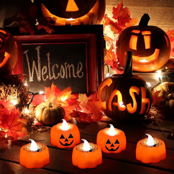 12 stk batteridrevne telys med gresskarlys, gresskar Hallowe