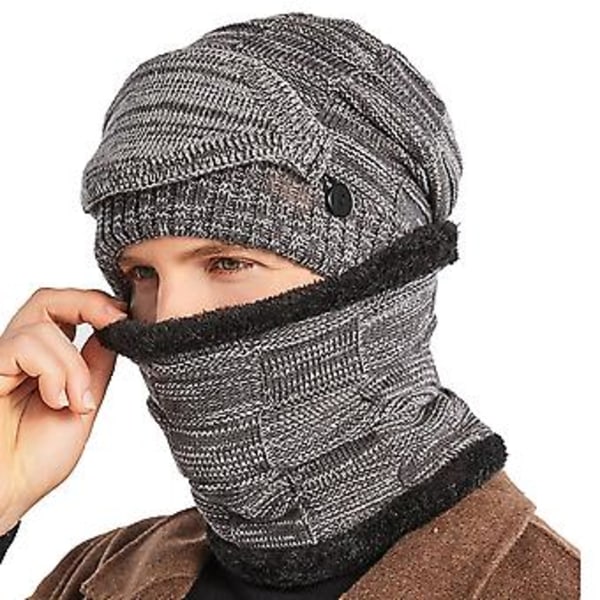 Varm vintermössa i stickad fleece med halsduk och ansiktsmask för män (grå)