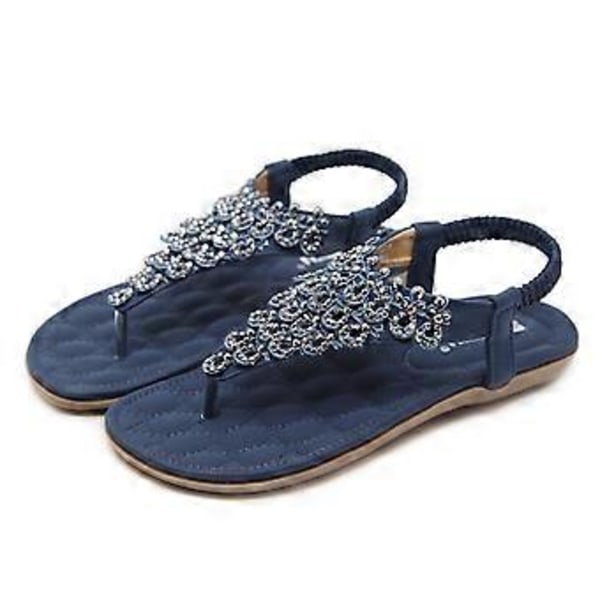 Sommersandaler Rhinestone Boho Store Størrelse Dame Flade (EU 35 Blå)