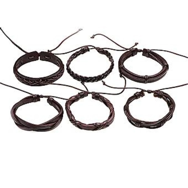 6-pak Herre Dame Brun Flettet Læderarmbånd Cuff Wrap Armbåndsæt Gave ( )