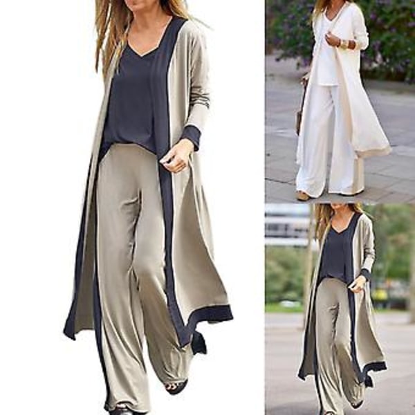 Fianao 1 Set Cardigan Camisole Byxor Färgblock Vidskaftade Kvinnor Elegant Långärmad Midja Outfit (M Vit)