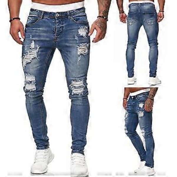 Miesten revityt, kulutetut, tuhotut suorat slim fit -farkut, muodikkaat rennot skinny-farkut, revityt farkut, lahjat, vaaleansininen M (M vaaleansininen)