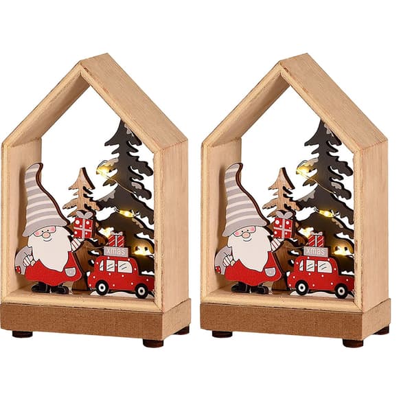 2-pack Julgransträd i Trä med LED-Ljus, Tomte, Snögubbe och Rådjur