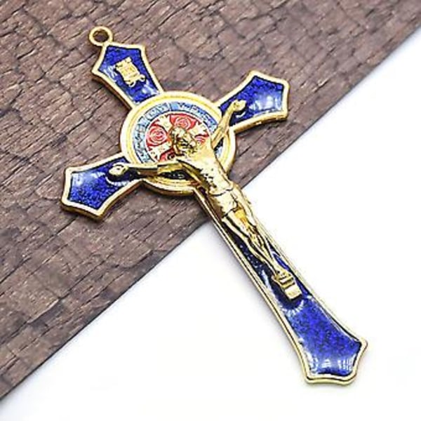 Vintage Metallinen Kädessä Pidettävä Risti Krusifiksi Jeesus Pyhä Uskonnollinen Kaiverrettu Kristus Sininen ( )