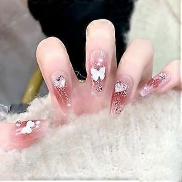 24 st. Pärlgelé Falska Naglar, Söta 3D Aurora Kristall Björnhjärta Press-on Naglar Bling Glansig Gradienterad Rosa Falska Naglar Kärlek Dating Fingertoppar