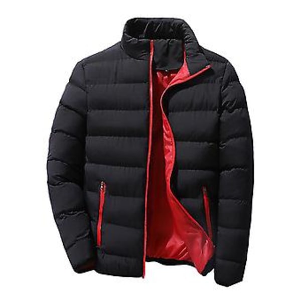 Herre Parkas Ensfarget Vattert Stående Krage Lang Erme Løstsittende Tykk Høst Vinter Glidelås Lommer Jakke Streetwear (M Kald Svart)