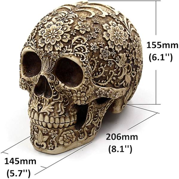 Kreativ skalle och blommor skulptur 8,2 tum, skelettstaty, Halloween inomhus mänsklig skalle hemde