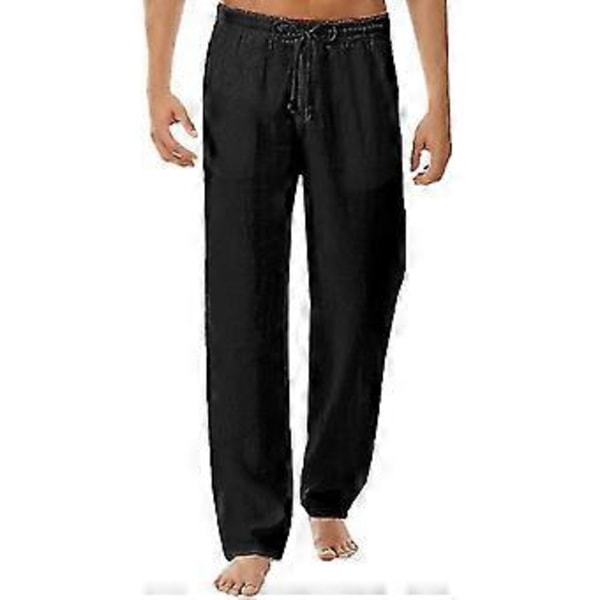 hmwy-herre linned look baggy bukser elastisk talje afslappede strand yoga bukser (M Sort)