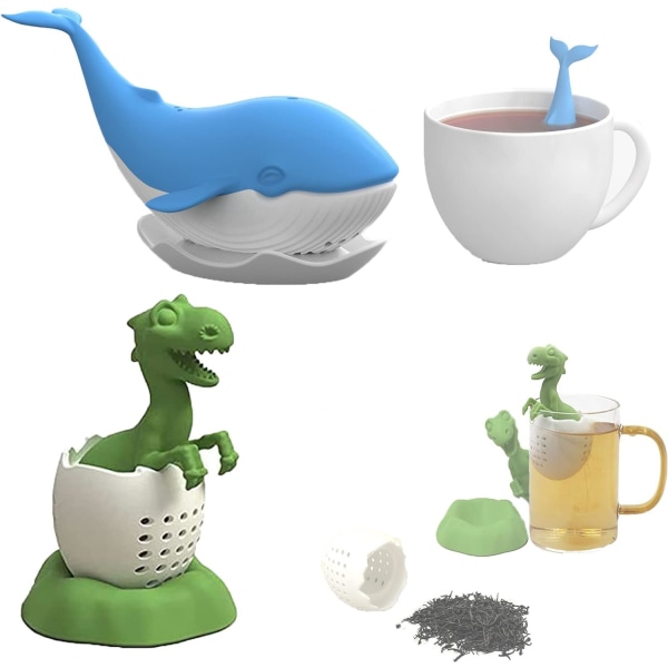 Sæt med 2 silikone te-infusere Filterdiffuser Løsblads-te-sil Cute Whale and Dinosaur Tea S