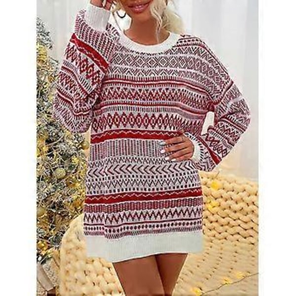 Jul Dam Långärmad Rundhalsad Tröja Pullover Topp Vinter Ledig Lös Rundhalsad Ullklänning (XL Röd)