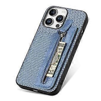 Kompatibelt Skal för iPhone 16 Pro Max Läder+PC+TPU Plånboksfodral med Dragkedja (Blå)