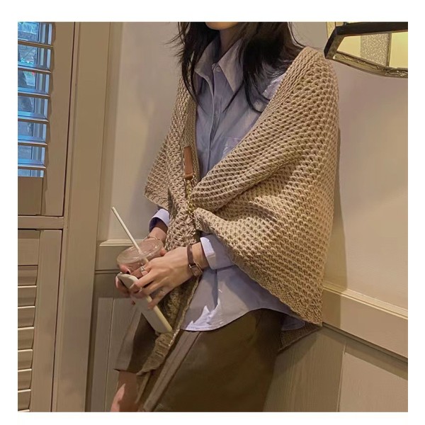 Milk tea color, chain knitted shawl with leather buckle design, h