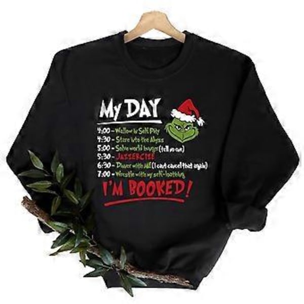 Dame Jule Sweatshirt Grinch Printet Pullover Grøn Monster Top Bluse (L Sort)