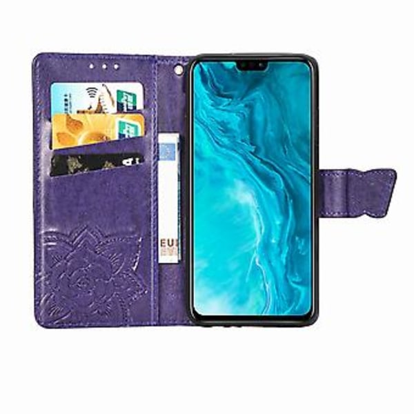 Läderfodral för Huawei Honor 9X Lite Fjäril Kärlek Blomma (Mörk Lila)