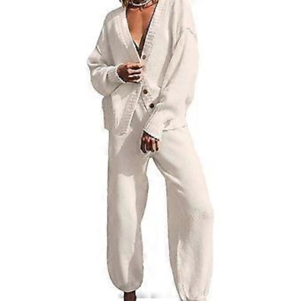 Dam 2-delat Stickat Set V-ringad Långärmad Tröja Kofta Jackor Toppar Vida Ben Byxor Träningsdräkt Set Loungewear Vit M(M Vit)