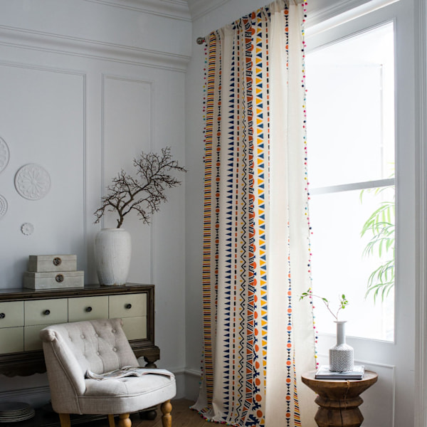 Boheme Geometrisk Trykt Bomulds-Linned Gardinpanel med Farver