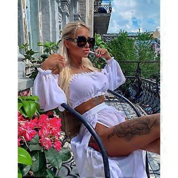 Dame Mesh Gennemsigtig Langærmet Kort Top Bikini Bluse Sæt Delt Badedragt Todelt (multi valgfri) (Hvid)