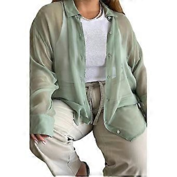 Dam Blus med Genomskinlig Lös Skjorta, Kvinnors Casual Lapel Krage Långärmad Knapp-Ner Blus (S Grön)