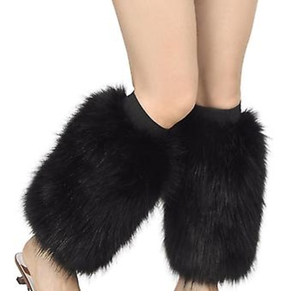 Women Faux Fur Leg Warmers Boot Covers Vibrant Neon Furry Plush Leggings Cover ( Black)