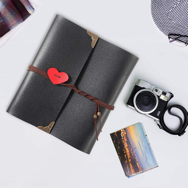 Skrapbok i skinn, fotoalbum, bryllupsgjestbok, DIY-suvenirer med 60 svarte sider, gave til Valentin