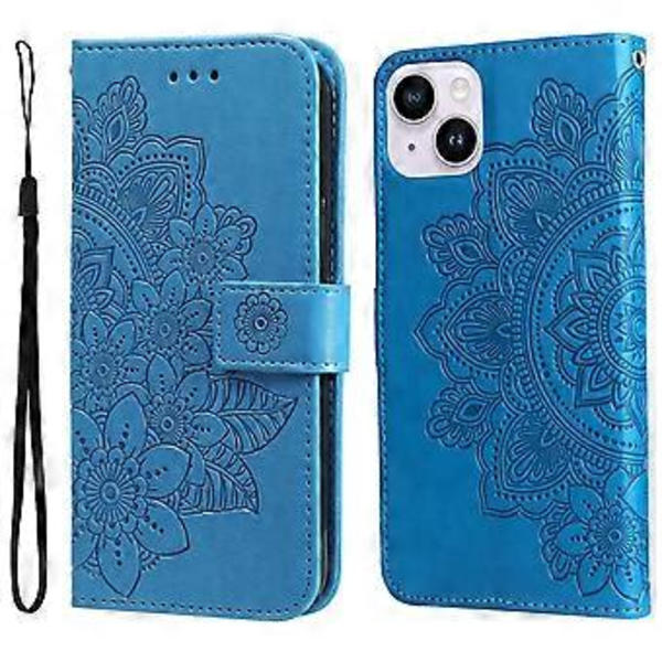 Läderfodral med 7-bladiga blommor för iPhone 15 Plus (Blå)