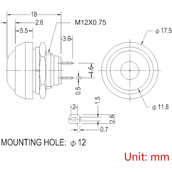 10 stk. 12mm Momentary Vandtæt Trykknap Mini Trykknap Tryk