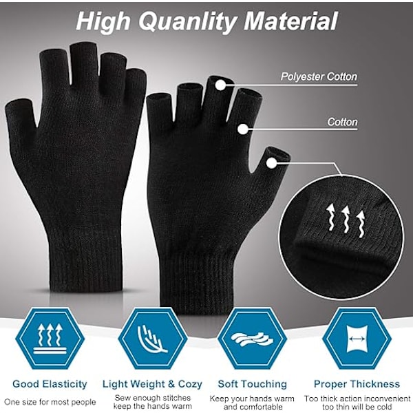(2 par) Sorte One Size Fingerless Strikkede Handsker Varme Halv Finger Handsker Vinter Strik Kørehandske