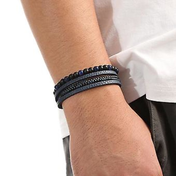 Nytt Läderflätat Surferarmband för Män med Tigerögonpärlor, Armring, Gåva (Svart)