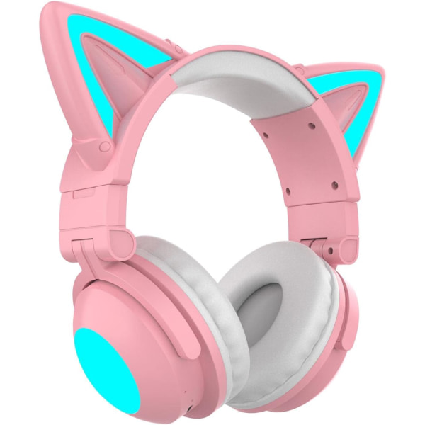 Cute Cat trådlösa hörlurar, LED-upplysta gamingheadset Bluetooth 5.0 Mode Over Ear Heads med lågt brus