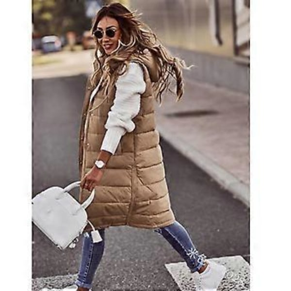 Lätta vintertröjor Lång med huva Utomhusväst Dun Damjacka Quiltad kappa Enfärgad Ärmlös jacka med huva (XXXL beige)