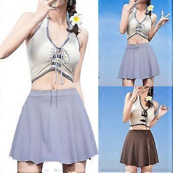 Dame To-delt Badedragt, Halterneck Bikinis Crop Top og Nederdel Bikinis Underdele med Shorts, Badedragt Kaffefarve M(M Kaffefarve)