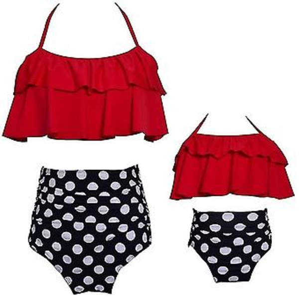 Flickbaddräkt Tvådelad Bikini Set Volang Falbala Badkläder Baddräkter-e( Röd)