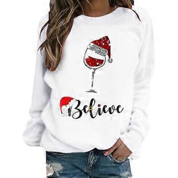 Jule Kvinder Langærmet Vinglas Print T-shirt Jul Afslappet Løs Rund Hals Sweatshirt Bluser Pullover Toppe -NMAOV(2XL Hvid)