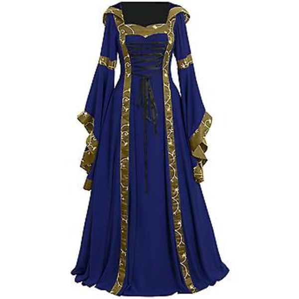 Fianao Keltisk Kvinders Snørebånd Langærmet Gulvlang Middelalderkjole Halloween Kostume (M Blå)