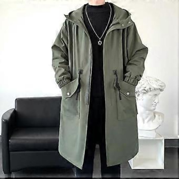 Vandtæt Forårsjakke Herre Hætte Windbreaker Ensfarvet Trend Frakke Casual Løs Komfortabel Parka Lang (L army grøn)