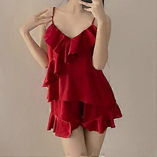 Ærmeløs Natkjole med Åben Ryg, V-Hals, Sexet Nattøj, Ensfarvet, Åndbar Pyjamas, Satin Top Shorts Sæt til Kvinder Sort XL(XL Sort)