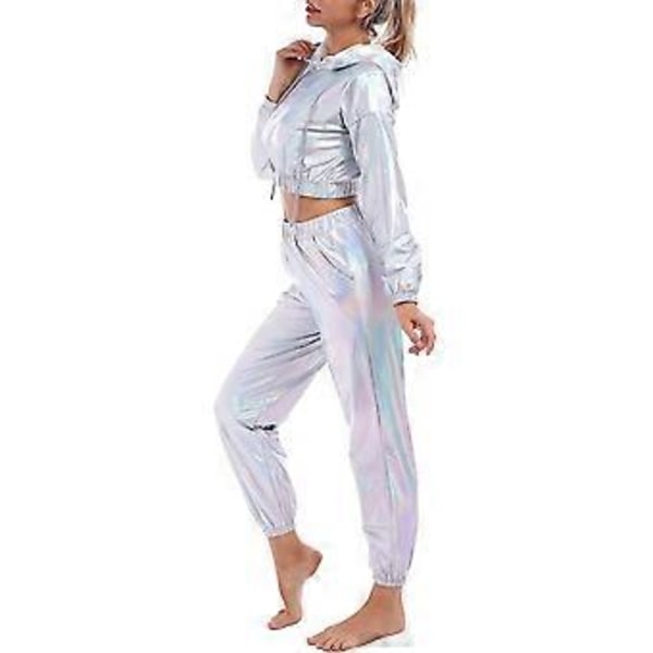 Rave-antrekk for kvinner, skinnende crop top-hettegenser, metallisk fritidsbukse, hettegenser, treningsgenser, discodanse-klubbklær (Small Holographic)