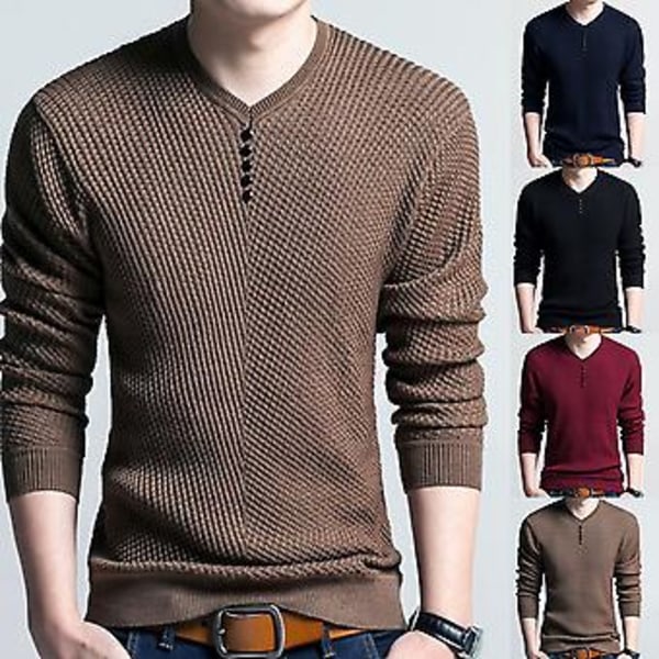 Fianao Chic Mænds Ensfarvet V-hals Langærmet Trøje Slim Fit Strikket Trøje Bluse (M Blå)