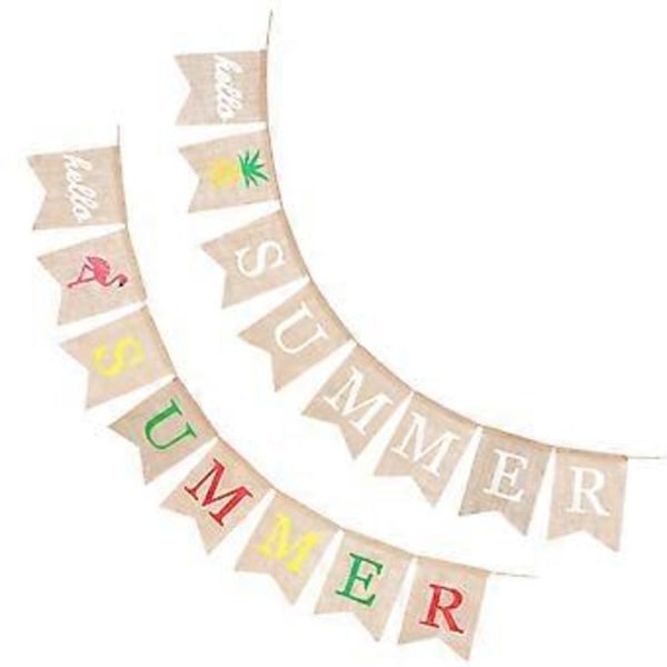 2 st Säckvävsbanner Sommar/Hej Sommar Vimpel Svalstjärtformad Dragflagga Hängande Girlang för Sommarfestdekoration