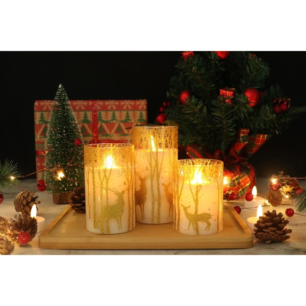 Glass Flameless Candles Flickering med Timer Remote, 3 Pack Gold