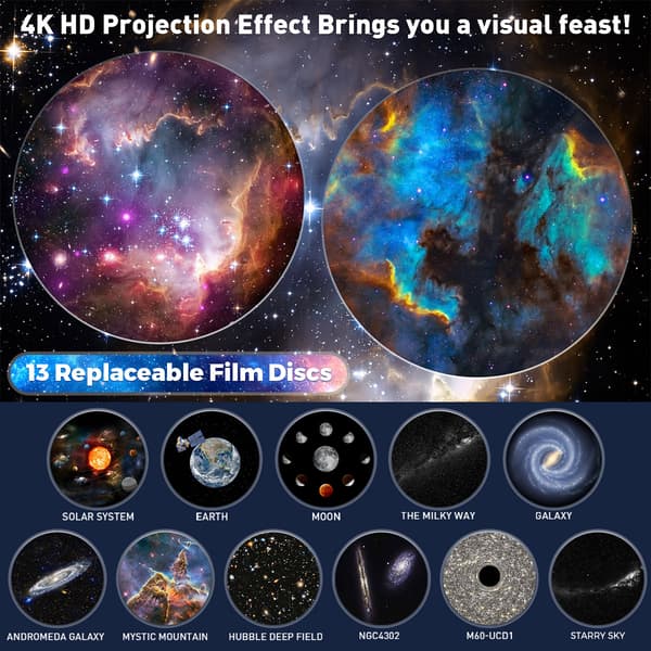 LED Planetarium Galaxy Stjerneprojektor med 13 utskiftbare disker, nattlyslampe med Temptat