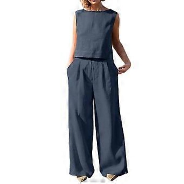 Vår Sommar Enfärgad Rund Hals Tank Top Raka Byxor Fritid Vardagsdräkt för Kvinnor Shopping Camping Set Marinblå M(M Marinblå)