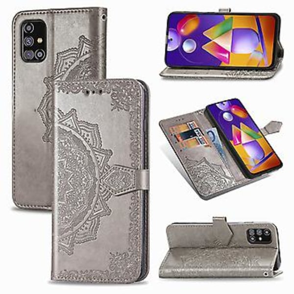 Mandala Blomst Præget Vandret Flip Læderetui Til Galaxy M31s (Grå)