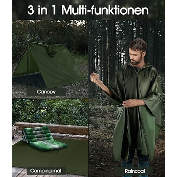 Sotilaanvihreä 140 * 200cm vedenpitävä poncho huppu, 3-in-1 militar